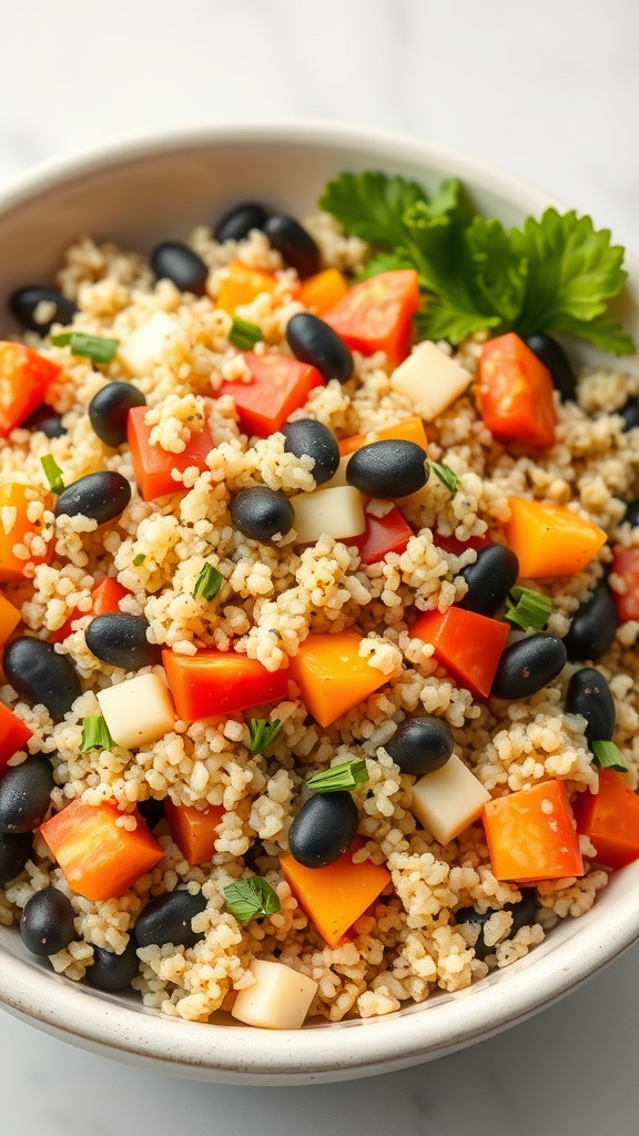 A bowl of quinoa salad with black beans, colorful bell peppers, and cilantro.