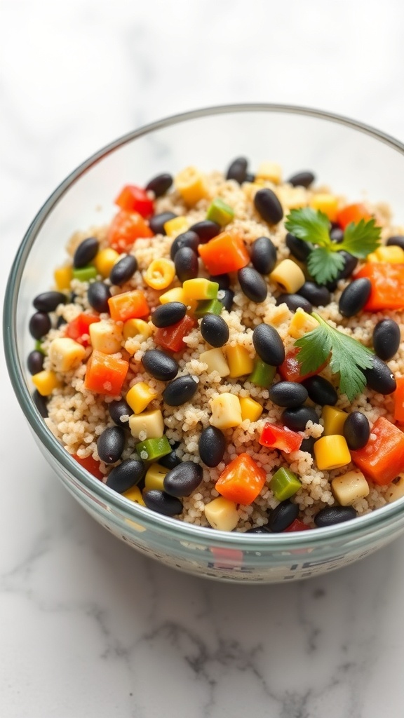 A bowl of quinoa salad with black beans, corn, and colorful bell peppers.