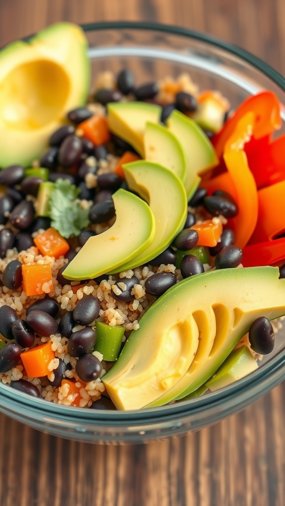 A colorful quinoa salad with black beans, avocado, and various vegetables.