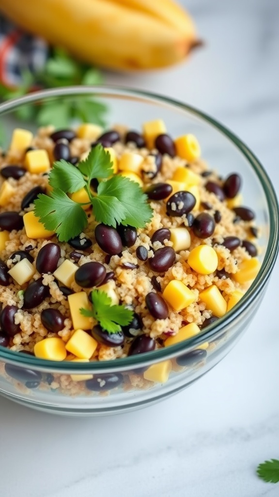 Quinoa salad with black beans, corn, and diced bell pepper in a glass bowl, garnished with cilantro.