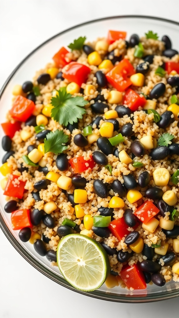 A colorful quinoa salad with black beans, corn, and diced vegetables in a glass bowl.