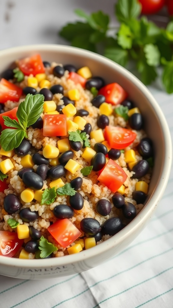 A bowl of quinoa salad with black beans, corn, and tomatoes, garnished with fresh herbs.