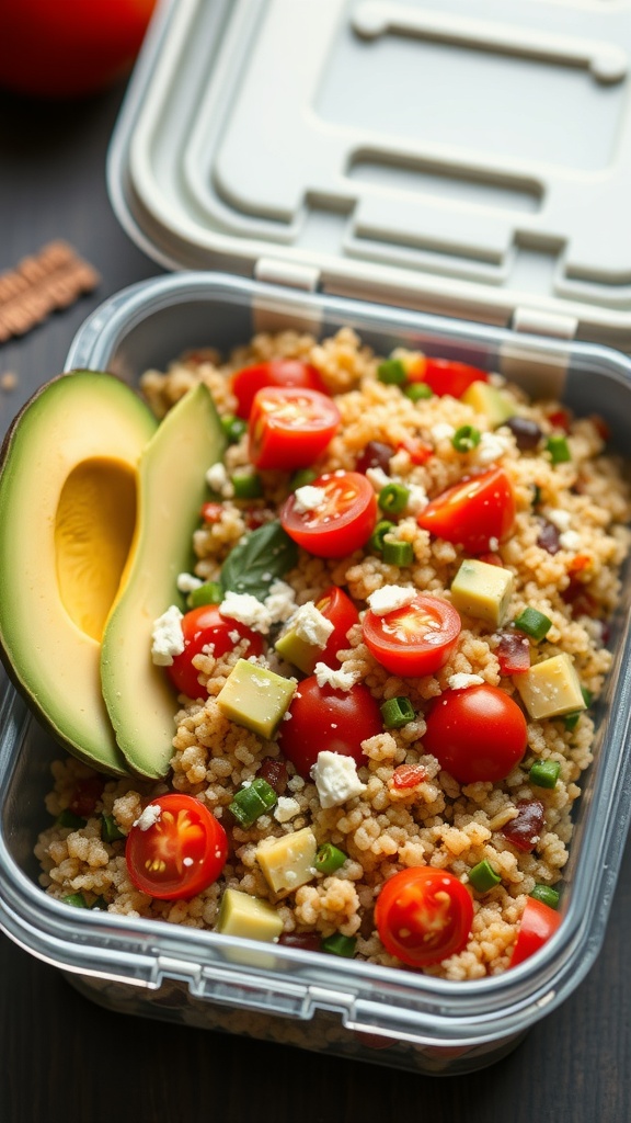 A colorful quinoa salad with cherry tomatoes, avocado, and feta cheese in a lunchbox.