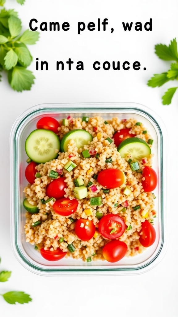 Quinoa salad with cherry tomatoes and cucumber in a glass container.