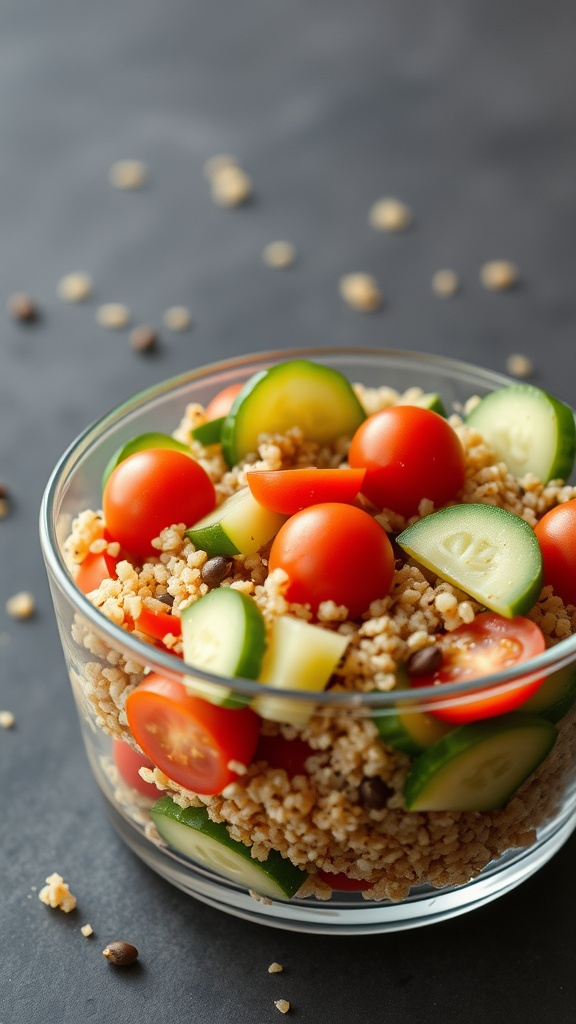 A bowl of quinoa salad with cherry tomatoes and cucumbers