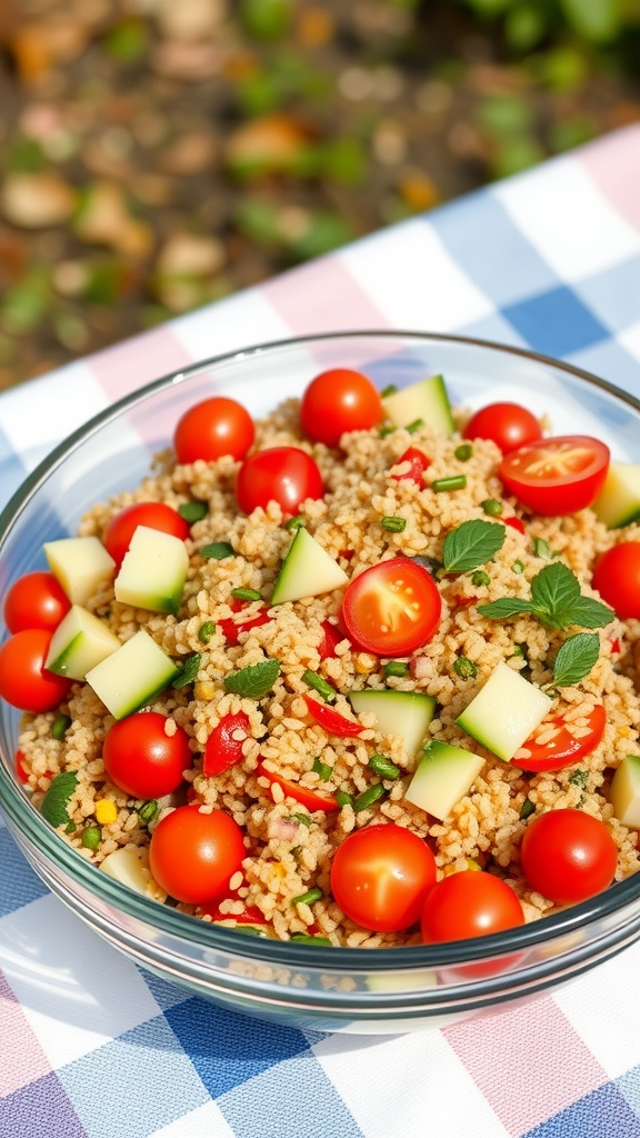 A bowl of quinoa salad with cherry tomatoes and cucumbers.