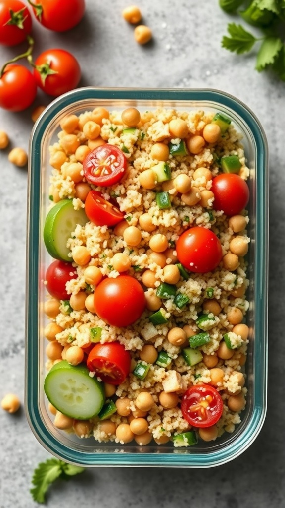 A colorful quinoa salad with chickpeas, cherry tomatoes, cucumber, and parsley in a glass container.