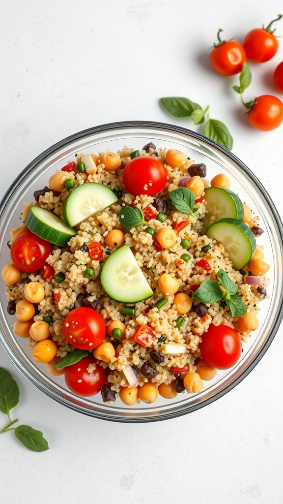 A colorful quinoa salad with chickpeas and fresh vegetables.