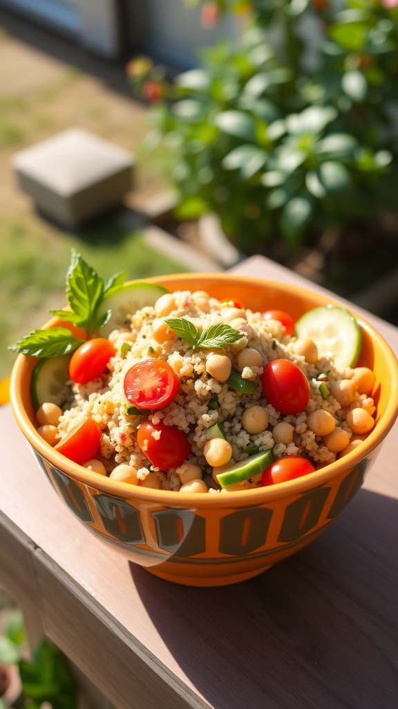 A colorful bowl of quinoa salad with chickpeas and fresh vegetables