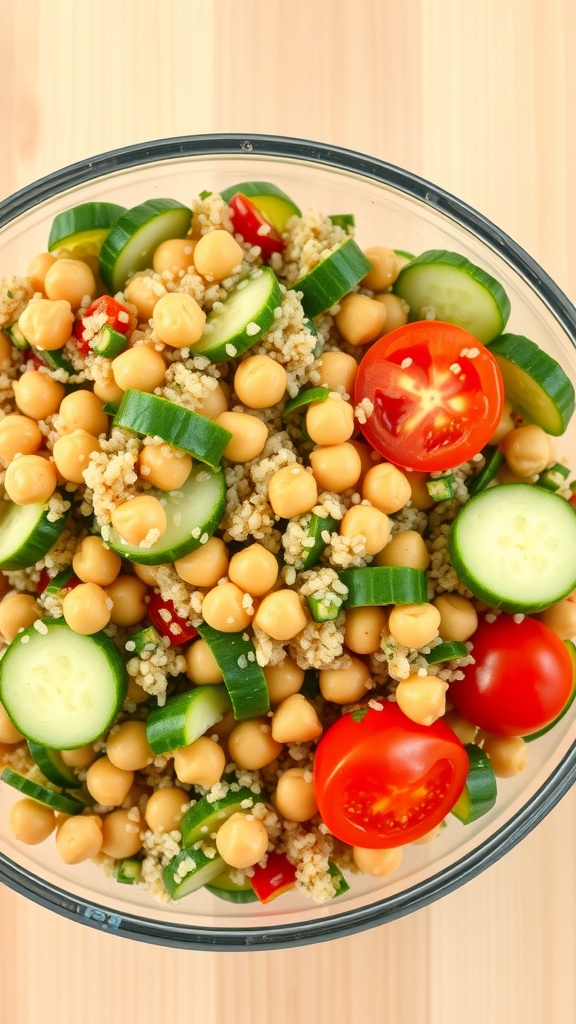 A colorful quinoa salad with chickpeas, cucumbers, and cherry tomatoes in a glass bowl.