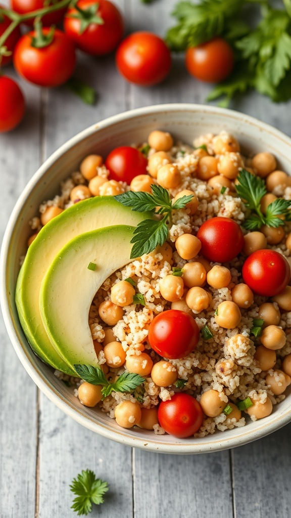 A colorful quinoa salad with chickpeas, avocado, cherry tomatoes, and cucumber in a lunchbox.
