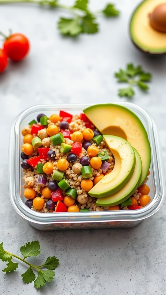 A colorful quinoa salad with chickpeas and avocado in a lunchbox