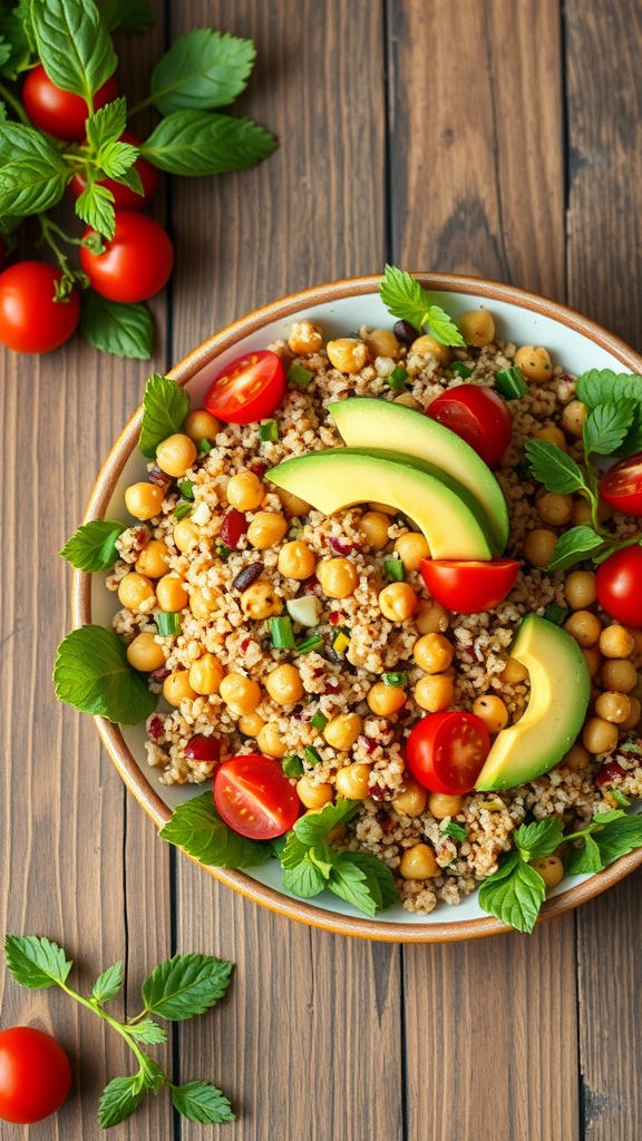 A vibrant quinoa salad with chickpeas, avocado, and cherry tomatoes in a bowl, garnished with fresh herbs.