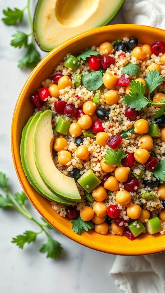 Colorful quinoa salad with chickpeas, avocado, and various vegetables in a bowl.