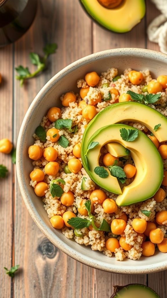 A bowl of quinoa salad with chickpeas and avocado, garnished with fresh herbs.