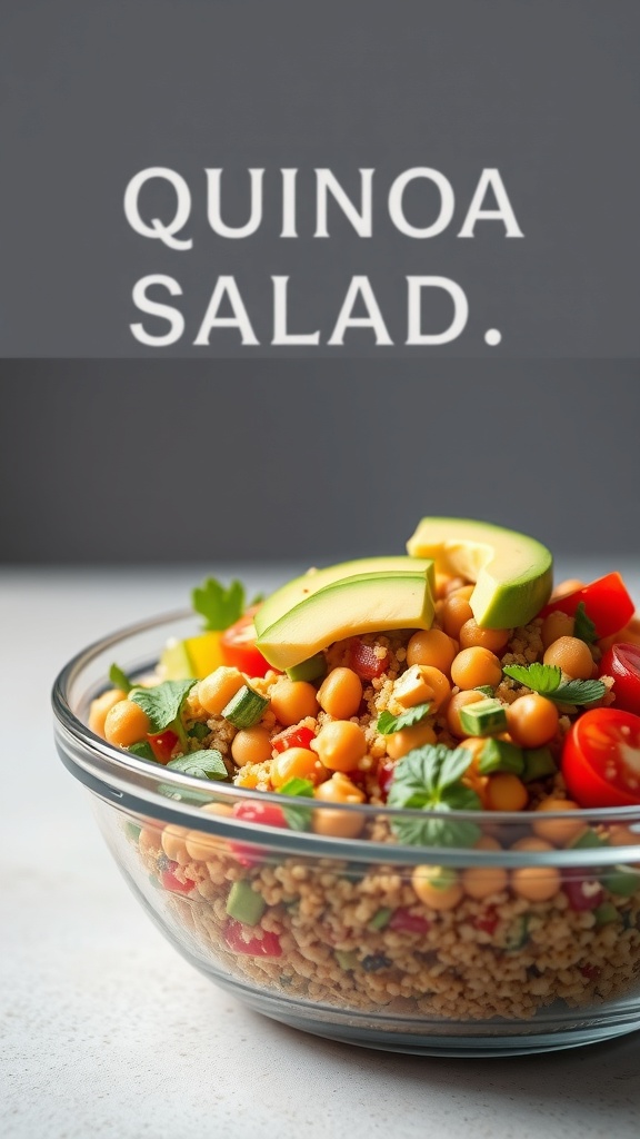 A colorful quinoa salad with chickpeas, avocado, and fresh vegetables in a glass bowl.