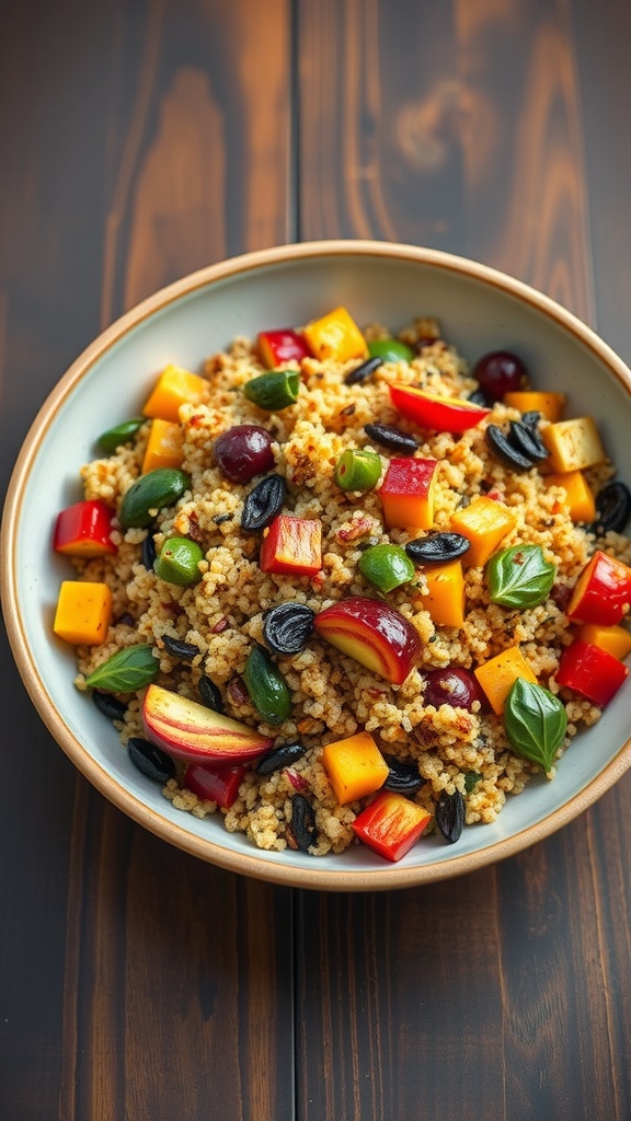 A colorful quinoa salad with roasted vegetables and fresh herbs.