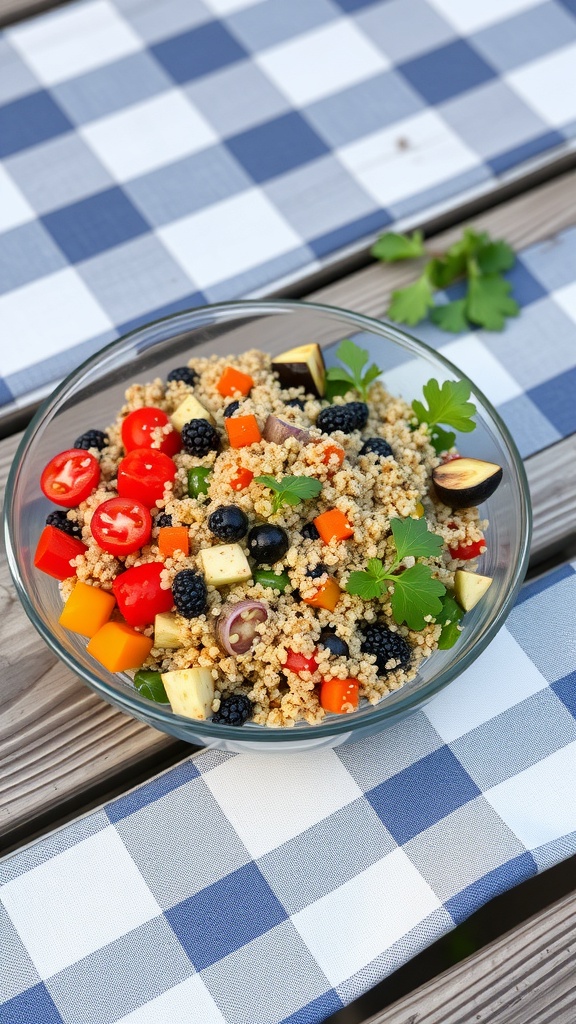 A colorful quinoa salad with roasted vegetables, served in a glass bowl on a checkered tablecloth.