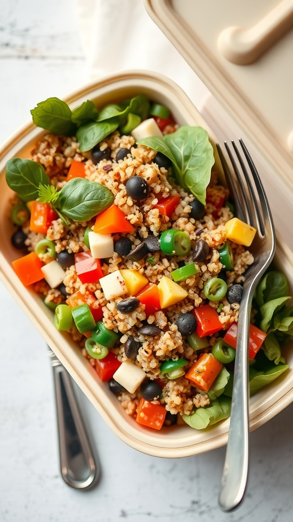 A colorful quinoa salad with seasonal vegetables in a lunchbox.