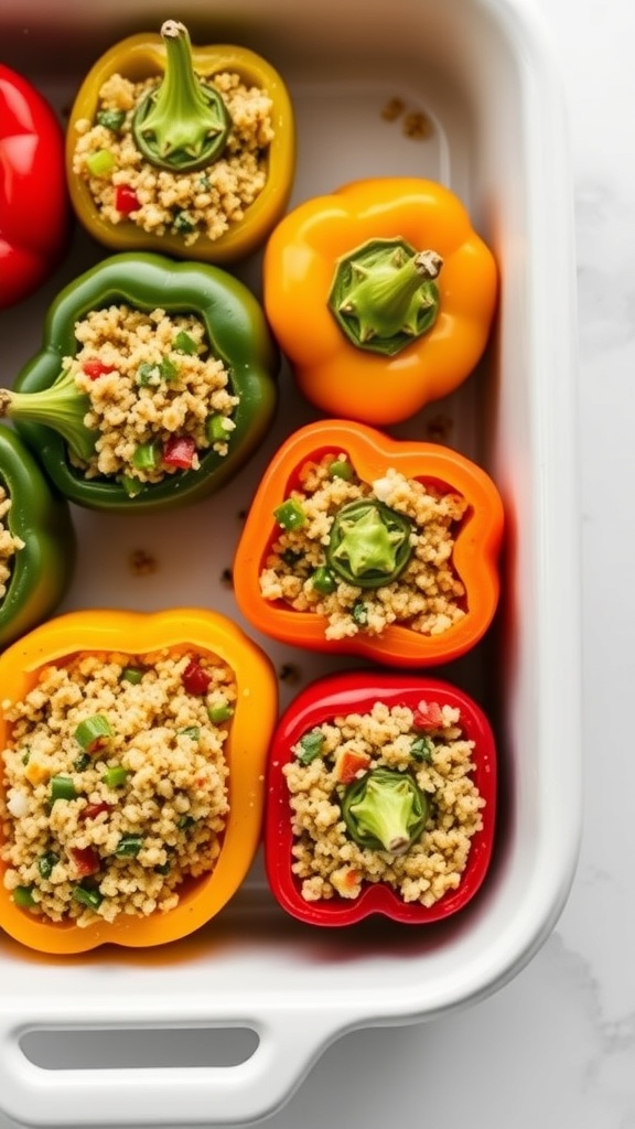 Quinoa stuffed bell peppers with cheese topping on a baking tray