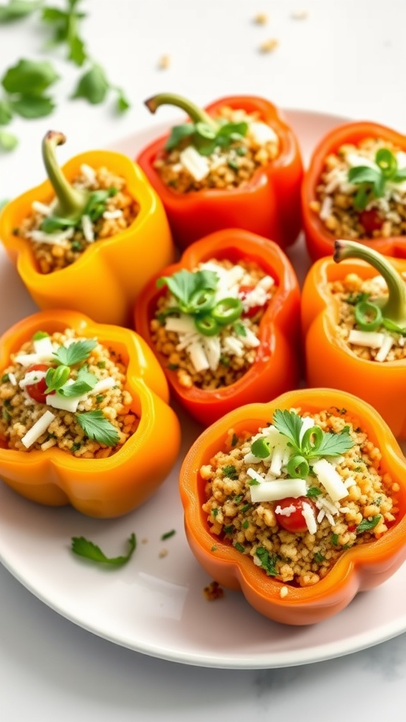 Quinoa stuffed peppers filled with a colorful mixture of quinoa, beans, and vegetables.