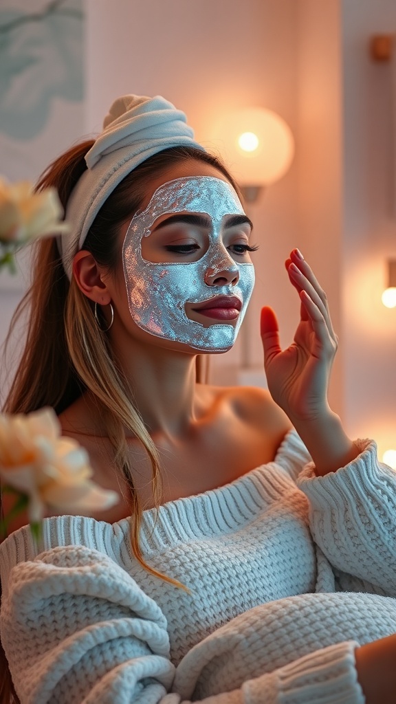 A woman with a shimmering facial mask on, looking relaxed and enjoying self-care.