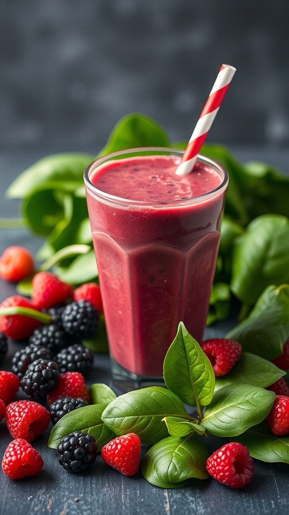 A refreshing glass of berry and spinach smoothie with a straw.
