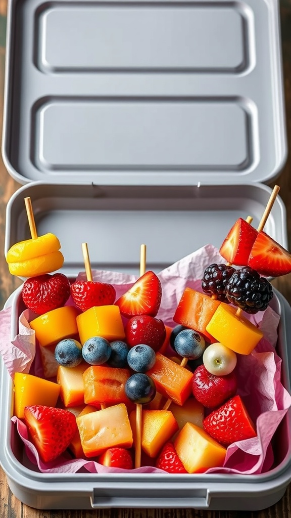 Colorful fruit skewers featuring strawberries, blueberries, pineapple, cantaloupe, and kiwi.