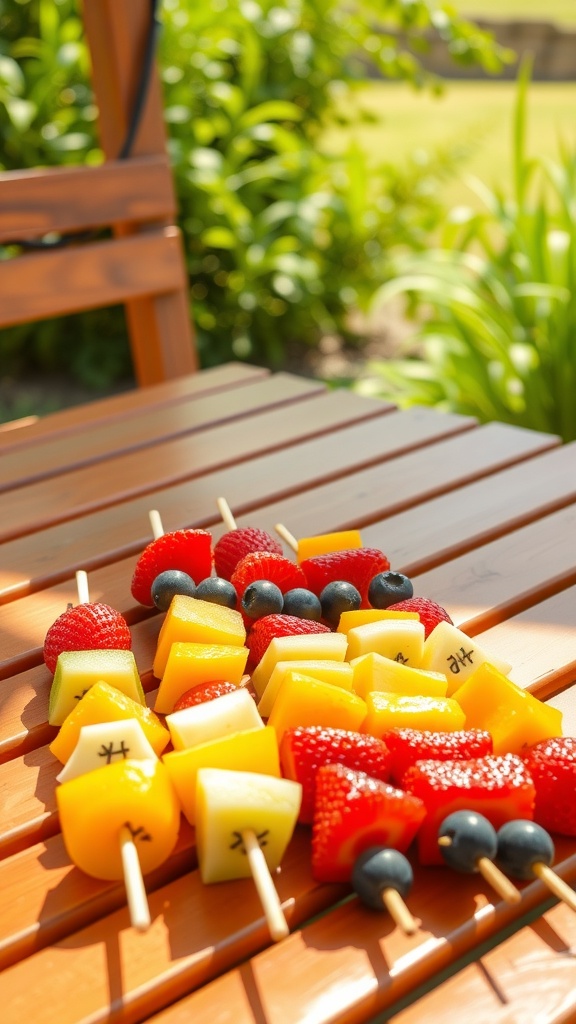 Colorful rainbow fruit skewers on a wooden table