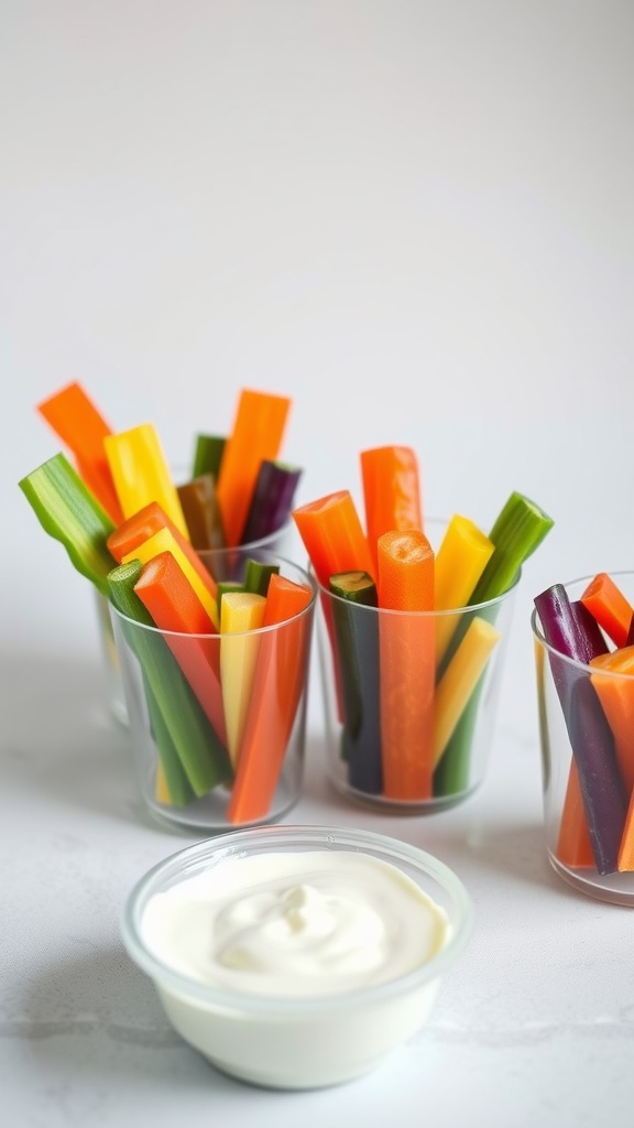 Colorful vegetable sticks arranged in cups with a dip