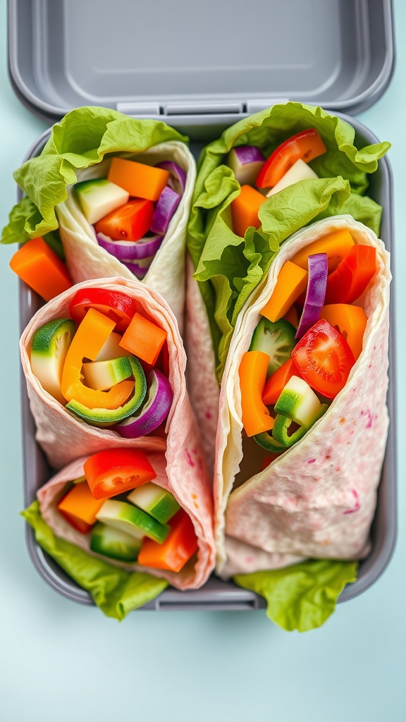 Colorful veggie wraps packed into a lunchbox with lettuce and various sliced vegetables.