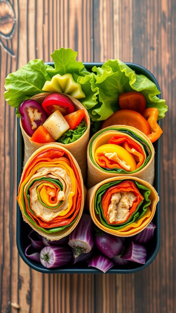 Colorful veggie wraps ready for a lunchbox