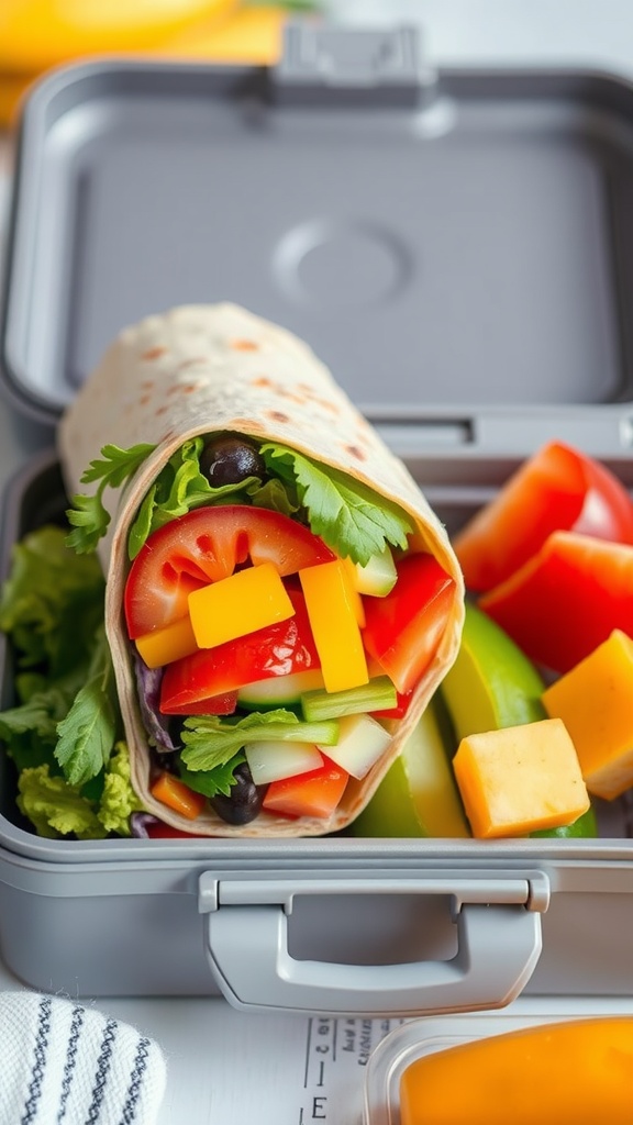 Colorful veggie wraps packed in a lunchbox