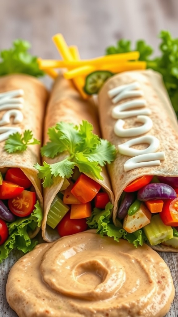 Colorful veggie wraps with hummus and fresh vegetables in a lunchbox.