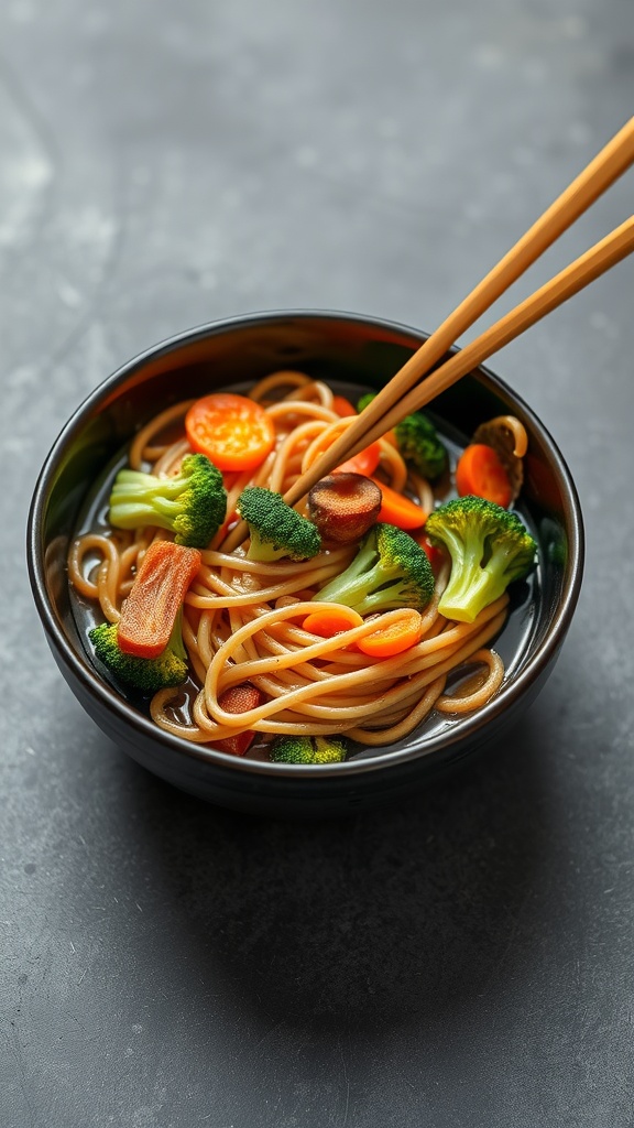 A bowl of ramen noodles stir-fried with broccoli, carrots, and other vegetables, with chopsticks resting on the side.