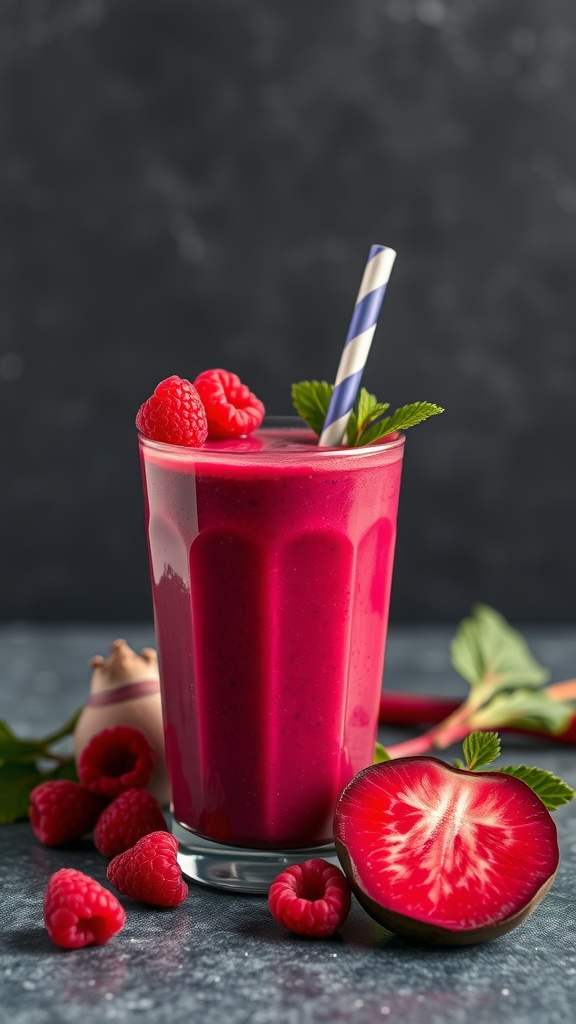 A vibrant raspberry beetroot smoothie in a glass, garnished with raspberries and mint.