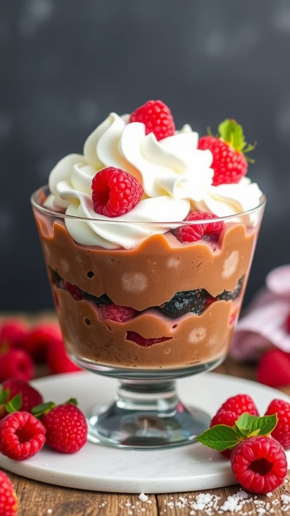A delicious raspberry chocolate trifle with layers of chocolate pudding, fresh raspberries, and whipped cream, garnished with mint leaves.