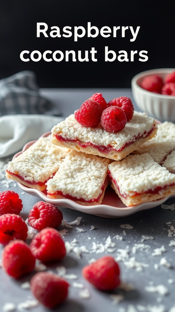 Raspberry coconut bars arranged on a plate with fresh raspberries scattered around.