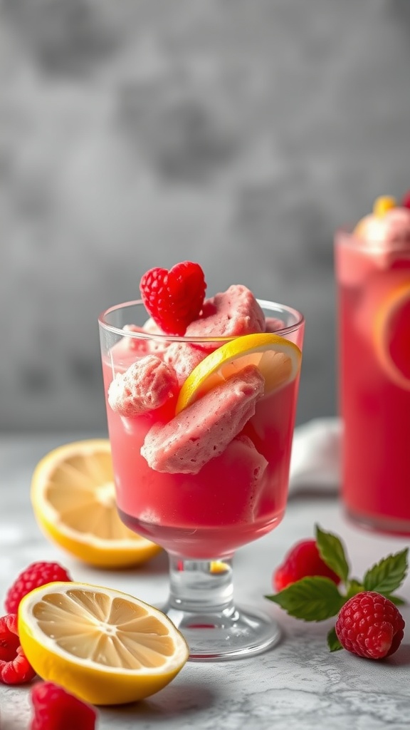A refreshing bowl of raspberry lemonade sorbet with fresh raspberries and lemon slices.