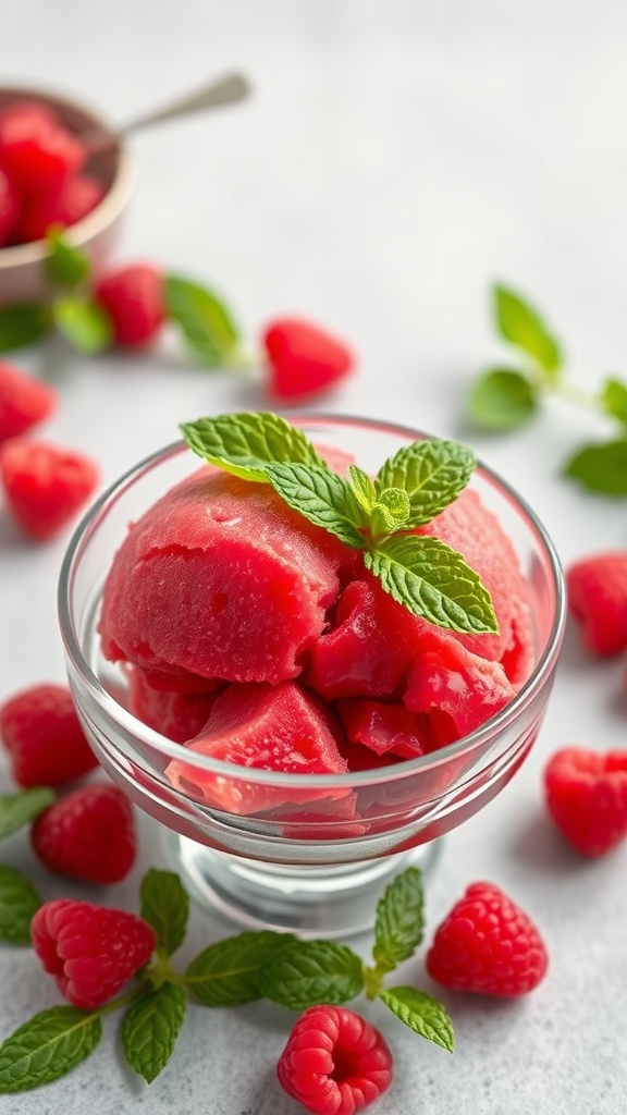 A vibrant bowl of raspberry sorbet garnished with mint leaves, surrounded by fresh raspberries.
