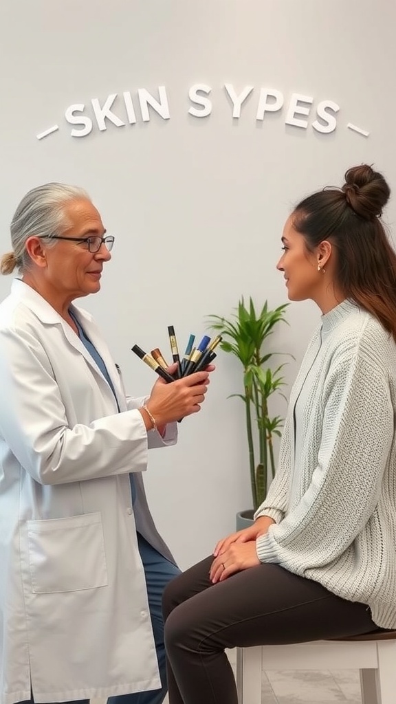 A skincare professional showing various products to a client, discussing skin types.