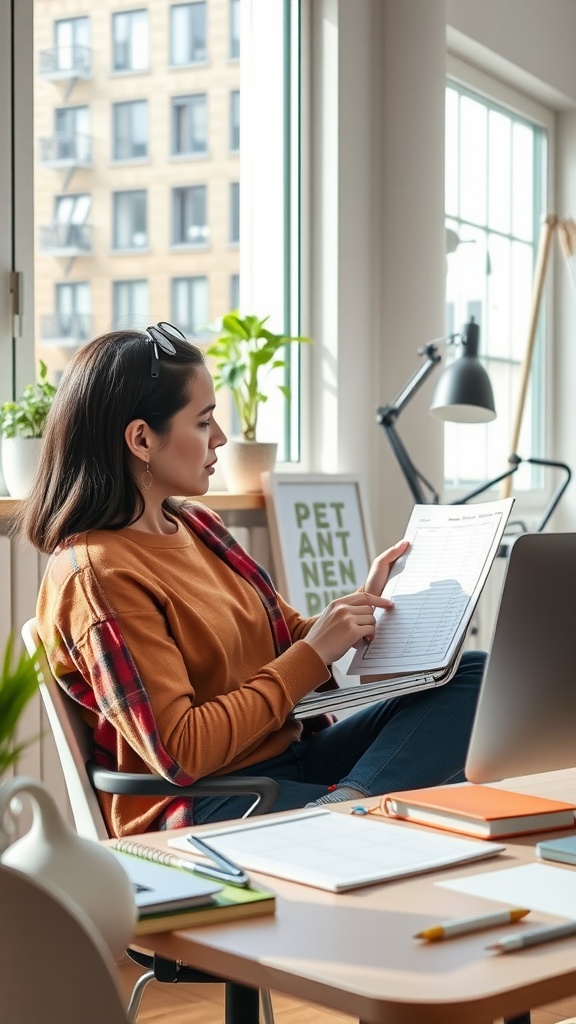 A person sitting in a well-lit office space, reviewing a chart and reflecting on their progress.