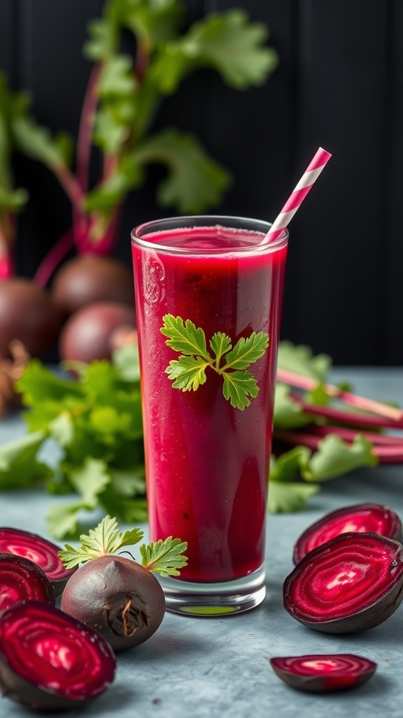 A vibrant beetroot smoothie garnished with a leaf, showcasing its rich red color and fresh ingredients.