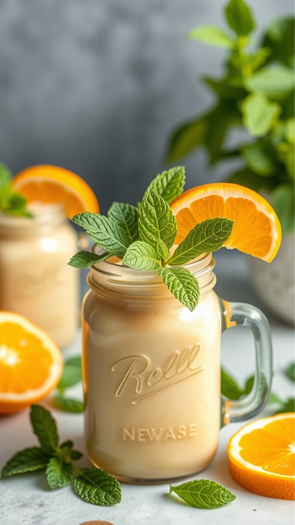 A refreshing citrus mint smoothie in a glass jar, garnished with mint leaves and orange slices.
