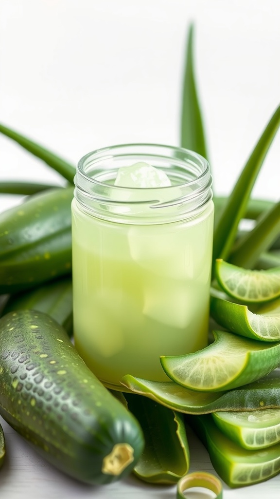 A jar of cucumber and aloe vera gel surrounded by fresh cucumbers and aloe vera leaves