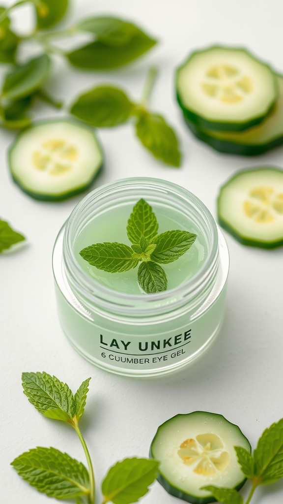 A jar of refreshing cucumber eye gel with mint leaves and cucumber slices around it.