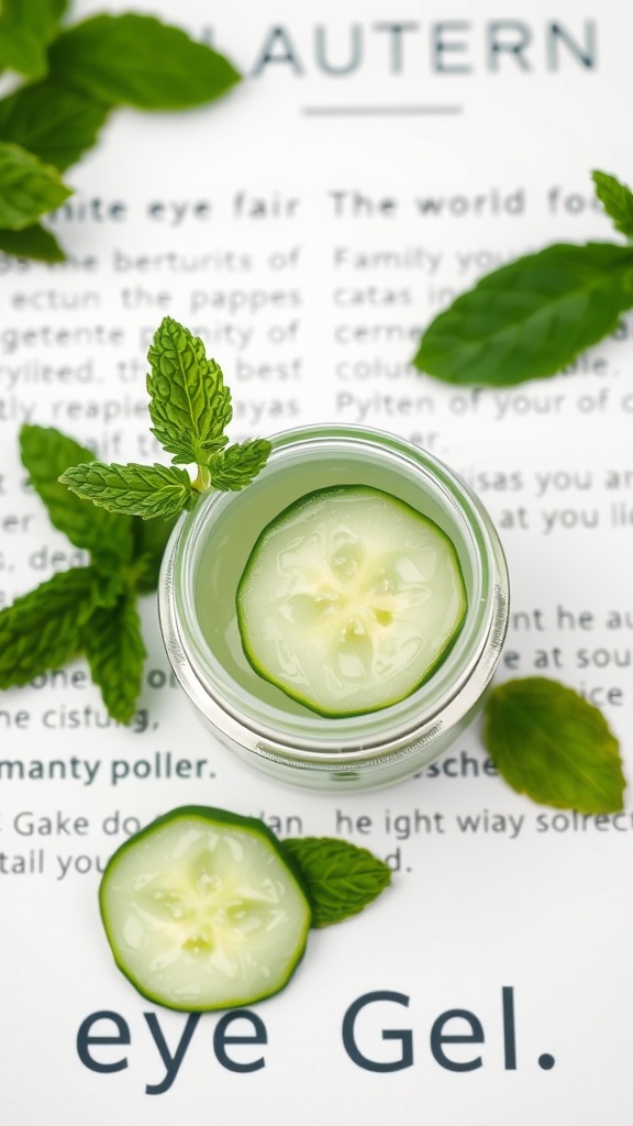A jar of cucumber eye gel surrounded by cucumber slices and mint leaves on a recipe page.