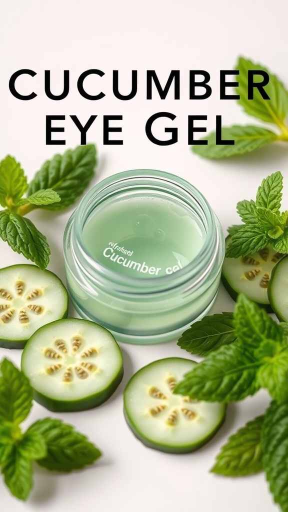 A jar of cucumber eye gel surrounded by cucumber slices and mint leaves.