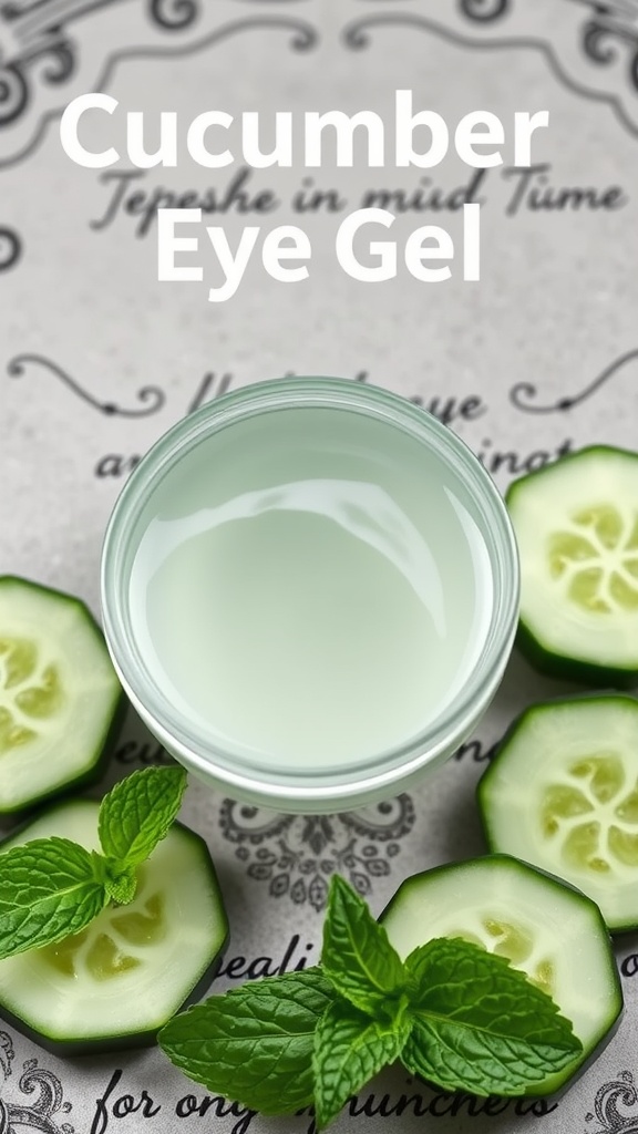 A jar of cucumber eye gel with cucumber slices and mint leaves around it