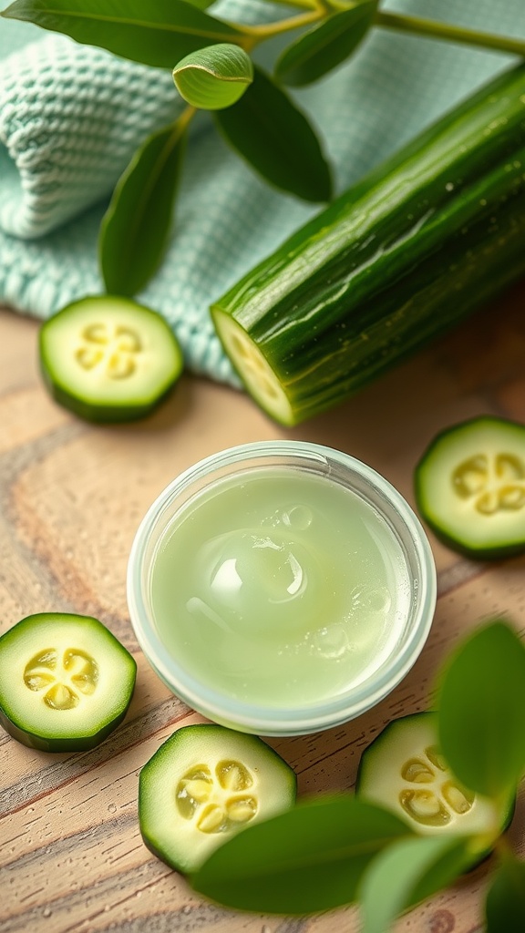 A jar of refreshing cucumber eye gel surrounded by cucumber slices and green leaves.